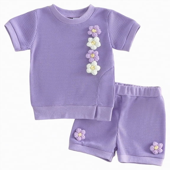 Xyant Toddler Baby Girl Clothes Summer Outfits 3D Flower Waffle Short Sleeve T-Shirt Tops and Shorts Set Infant Toddler Clothing (Purple,2-3 Years)