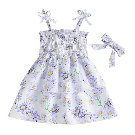 

Little Girls Dress Toddler Dress Shredded Flower Bow Sling Dress Hairband Beach Dresses Casual Kids Baby Sweet Sundress Outwear Leisure Dailywear