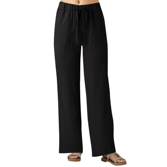 Lixiuxyad Women's Cotton Linen Summer Palazzo Pants Flowy Wide Leg Beach Trousers with Pockets Black