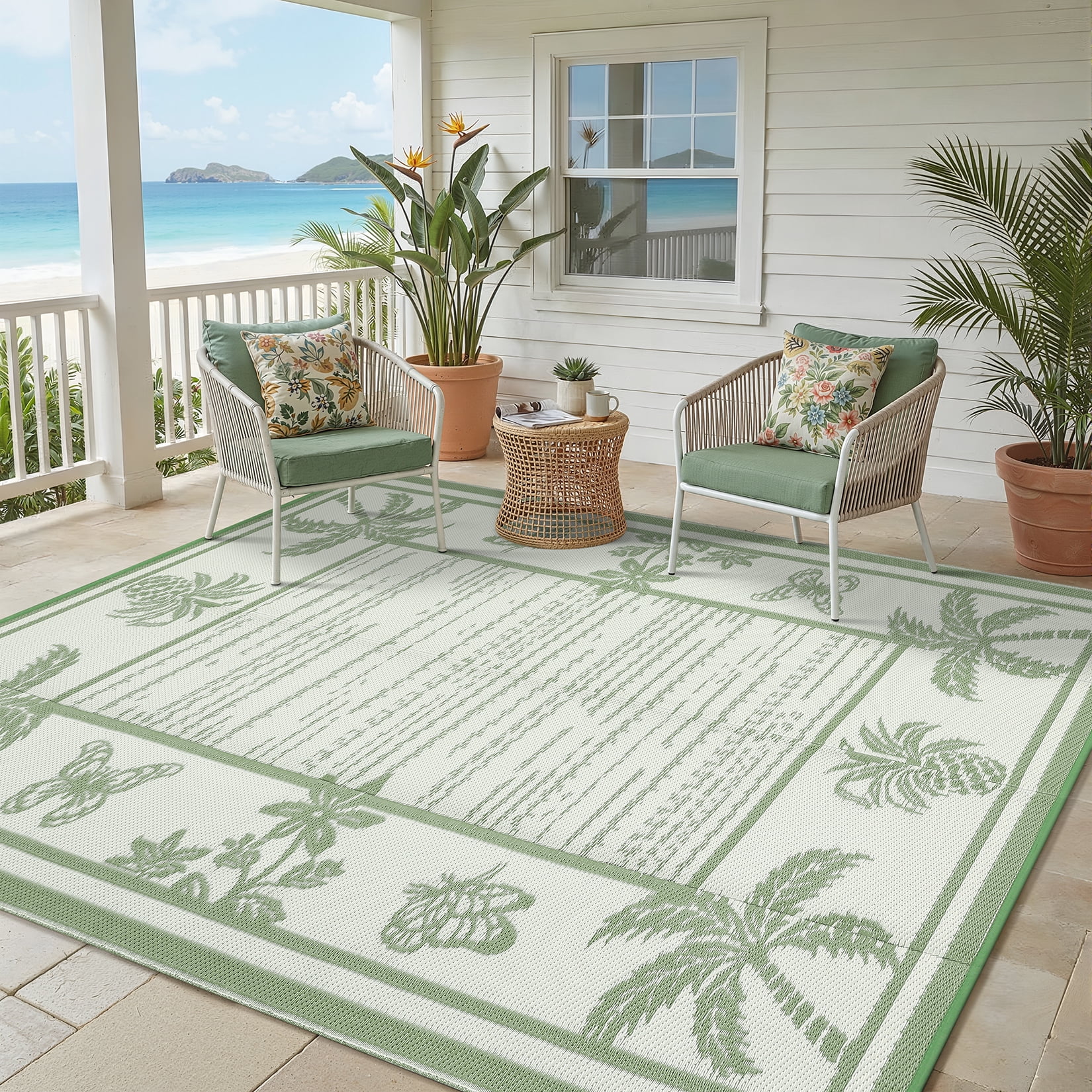 HIWEAVER Sage Green 8'x 10' Outdoor Rug Garden Decor Floral Bordered Carpet Plastic Straw Waterproof Reversible Patio Area Rug for Balcony Deck Picnic Portable Camping Mat