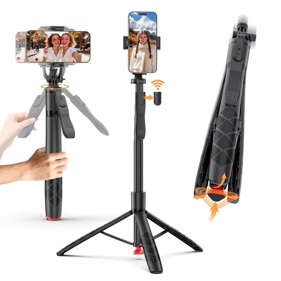 SelfieShow 70'' Automatic Phone Tripod, 360°Rotation Anti-Shake Extendable Selfie Stick with Remote, Selfie Tripod for iphone Android (Black)