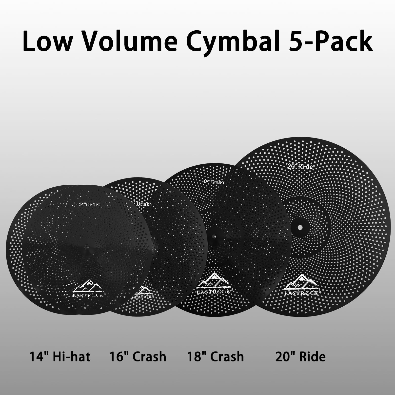 EASTROCK Low Volume Cymbal Pack 14/16/s18/20" Noise Reduction Alloy Cymbals with Bag and Felts for Quiet Practice ,Black