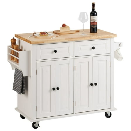 KFFKFF 35.4" Rolling Kitchen Island Carts with Drop Leaf, Kitchen Cart with Storage Compartment, Mobile Kitchen Island Table with Spice Holder, Towel Hanger, White