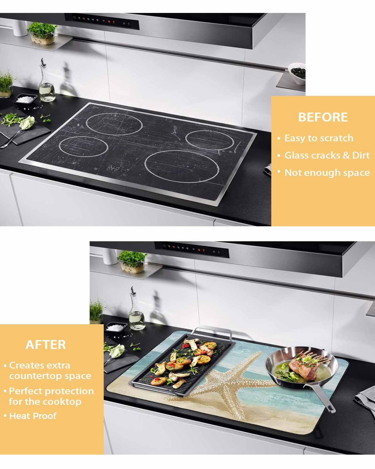 nqOlkjepod Large Induction Cooktop Protector Mat 24"x21", Vintage Coastal Beach Stove Top Covers for Electric Stove, Summer Retro Sand Starfish Stove Burner Cover Mats, Glass Top Stove Cover