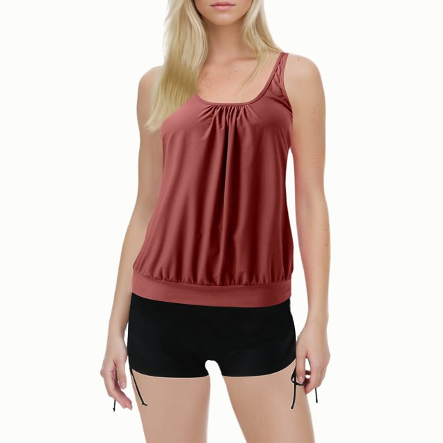 Women Swimsuits Solid Color Stylish Ruffle Tankini Tops with Boyshorts Brown Womens Bathing Suits XXL