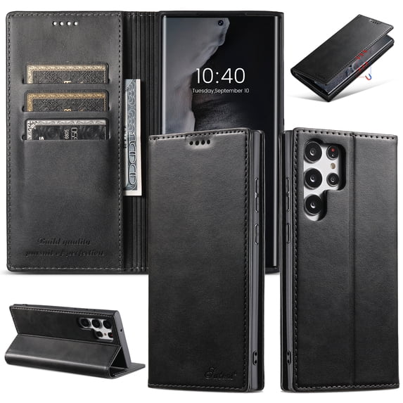 Nalacover Wallet Case for Samsung Galaxy S23 Ultra, Premium PU Leather + Soft Silicone Magnetic Closure Flip Folio Cover with Credit Card Slots Holder Kickstand Anti-Scratches Shockproof Case,Black