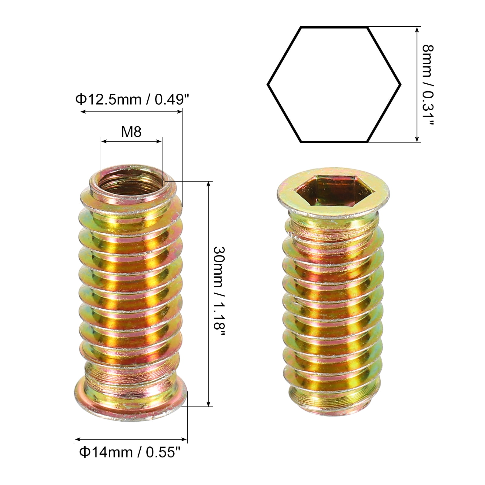 Uxcell Wood Furniture M8x30mm Threaded Insert Nuts Interface Hex Socket Drive 40Pack