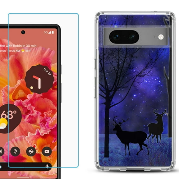 Slim-Fit Gel TPU Phone Case for Google Pixel 7, with Tempered Glass Screen Protector, by OneToughShield ® - Midnight Forest