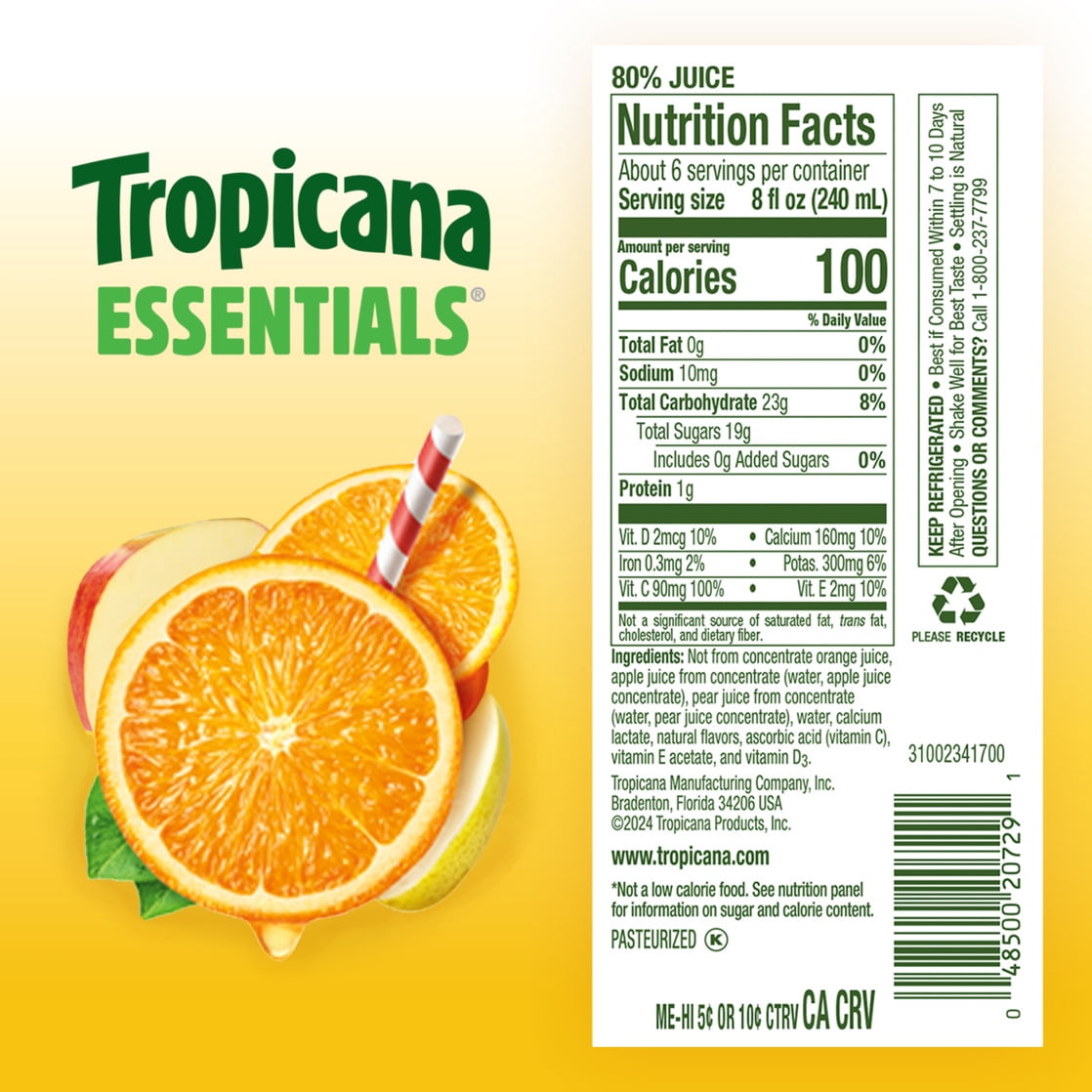 Tropicana Essentials Flavored Orange Juice Beverage Blend With Other Fruit, No Pulp, 46 fl oz Bottle