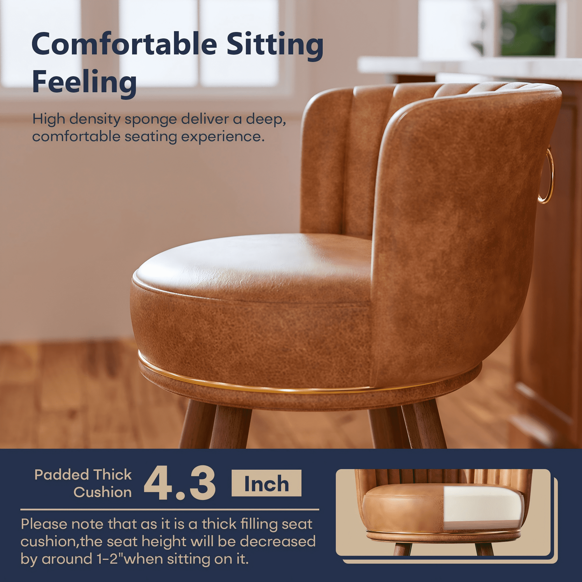 HomeZeer 24" Bar Stools Set of 4, Counter Height Bar Stools with Curved Back Swivel Barstools Pub Chairs with Wood Legs, Brown