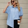 thumbnail image 5 of Women's Puff Short Sleeve Denim Shirt, Button up Denim Jacket with Pockets Boyfriends Fashion Vintage Jean Shirts Blue M, 5 of 7