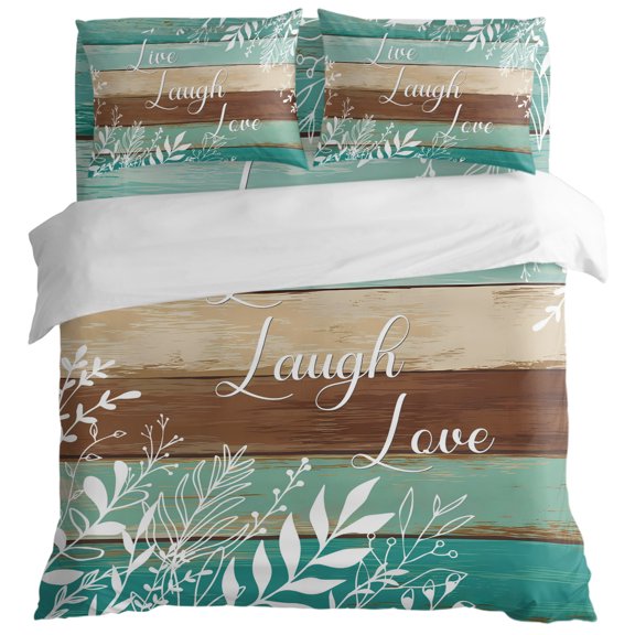 Botanical Leaves Teal Brown Wood King Size Bed Set,Live Quote Farm Wooden Plank Bedding for All Seasons,4 Pcs Bed Set with 1 Quiltcover (104"x90"),1 Sheet (108"x98"),2 Pillowcases (20"x36")