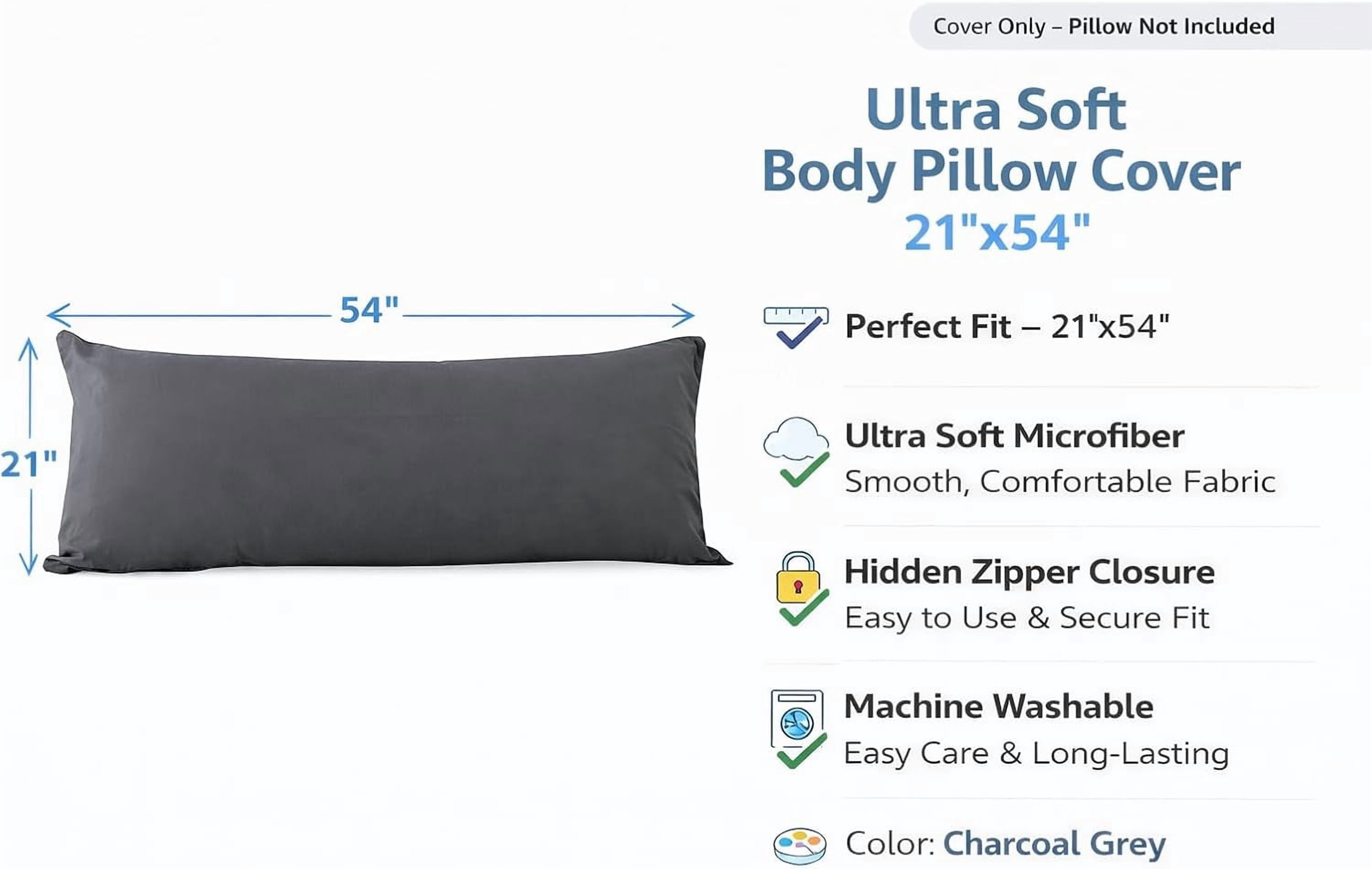 Ultra Soft Microfiber Body Pillow Cover/Pillowcases 21"x54" with Hidden Zipper Closure (21"x54" Cover, Charcoal Grey)