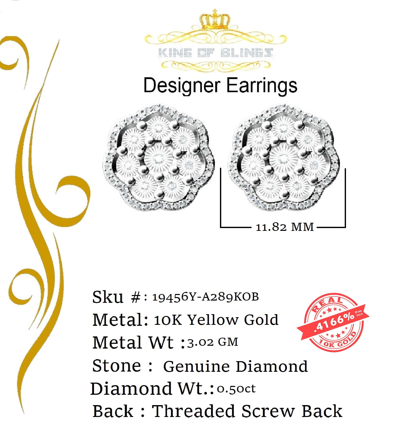 King of Bling's 10K Real Yellow Gold with 0.50CT Real Diamonds Men's/Women's stud Floral Earring