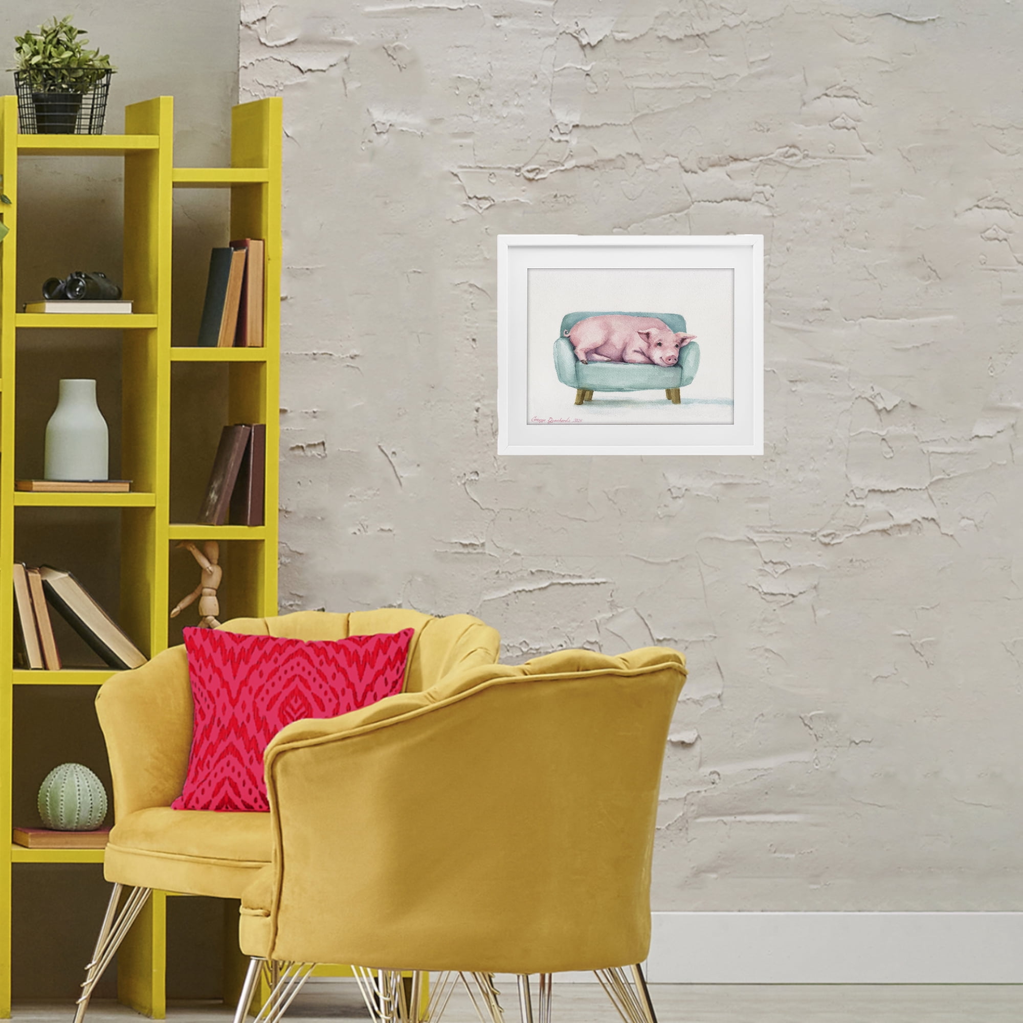 Stupell Industries Cute Piglet on Armchair White Framed Print Under Glass, design by George Dyachenko