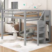 Bellemave Full Size Loft Bed with Stairs and Wardrobe, Solid Wood Loft Bed Full Size with Storage, High Loft Bed for Kids Teens Girls Boys Adult (Gray)