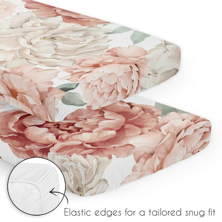 Sweet Jojo Designs Peony Floral Garden Pink and Ivory 3 Piece Mini Crib Bedding Set