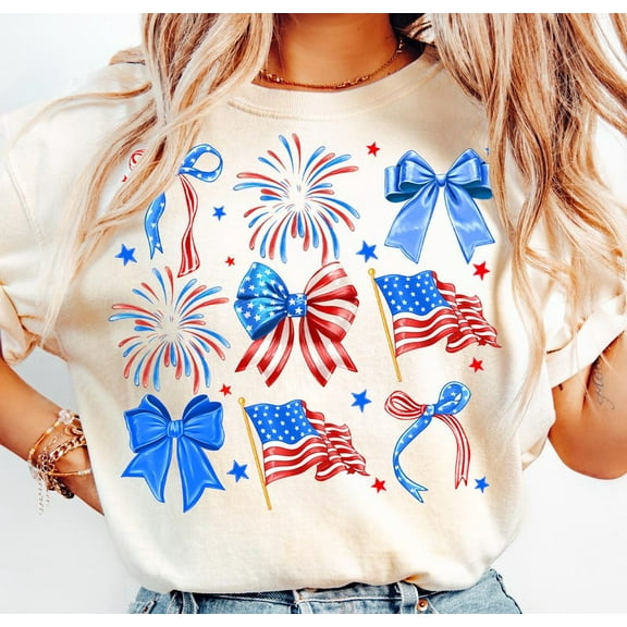 Coquette Flag Bow Girl T-shirt, 4th of July Retro Tee, Red White Blue Aesthetic, American Coquette Pride