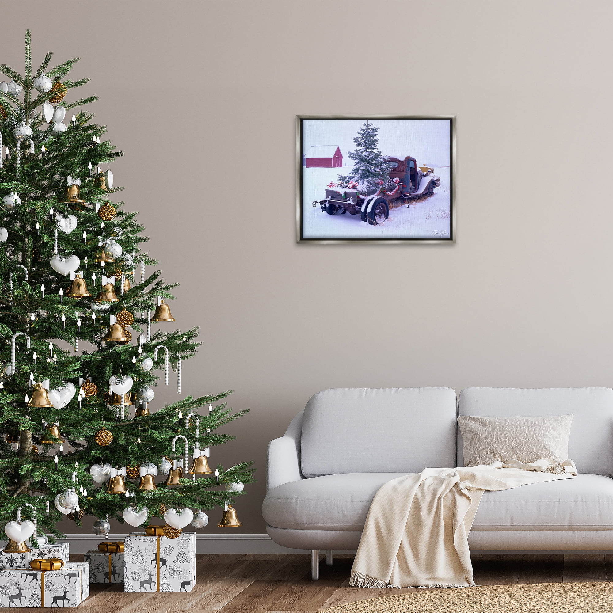 Stupell Industries Christmas Tree Truck Holiday Painting Gray Floater Framed Art Print Wall Art, 31 x 25