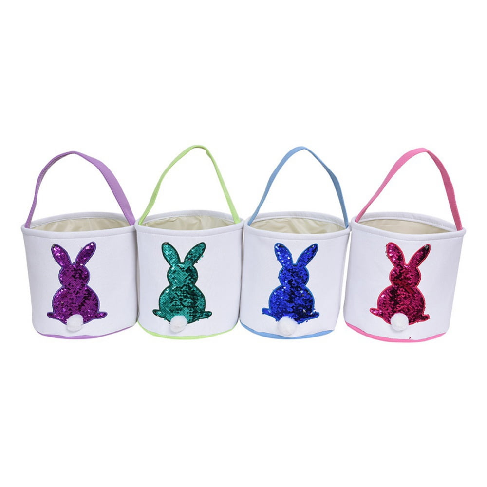 Easter Bunny Basket Bags for Kids, Sequin Rabbit Pattern Egg Basket Hunt Bags Canvas Cotton Bucket with Fluffy Tail for Easter Eggs, Candy, Gift