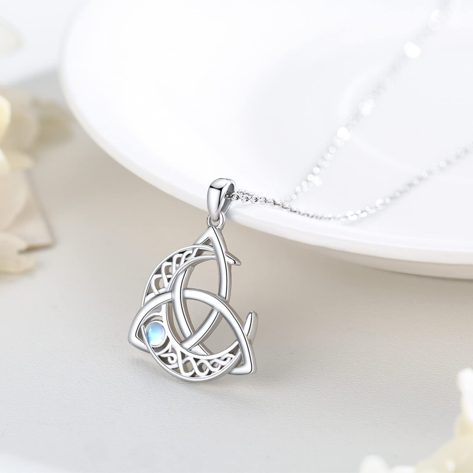 Midir&Etain Celtic Moon Necklace 925 Sterling Silver/Moonstone/turquoise Celtic Knot Pendant Necklace Crescent Irish Necklace Celtic Jewelry Women's Men's Gift