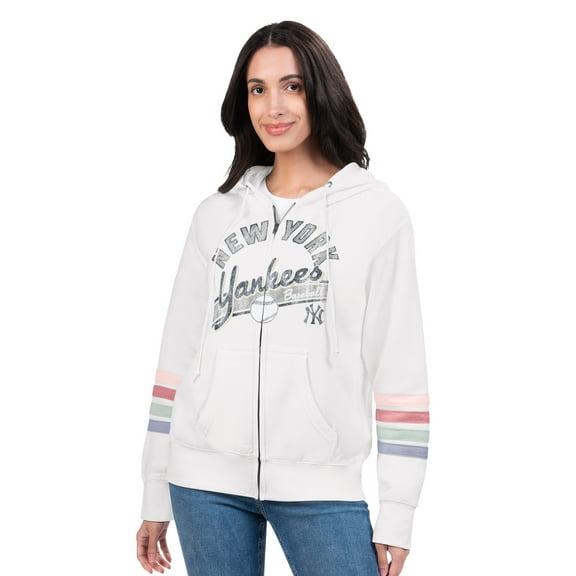 Women's G-III 4Her by Carl Banks White New York Yankees Naamah Sleeve Stripe Fleece Full-Zip Hoodie