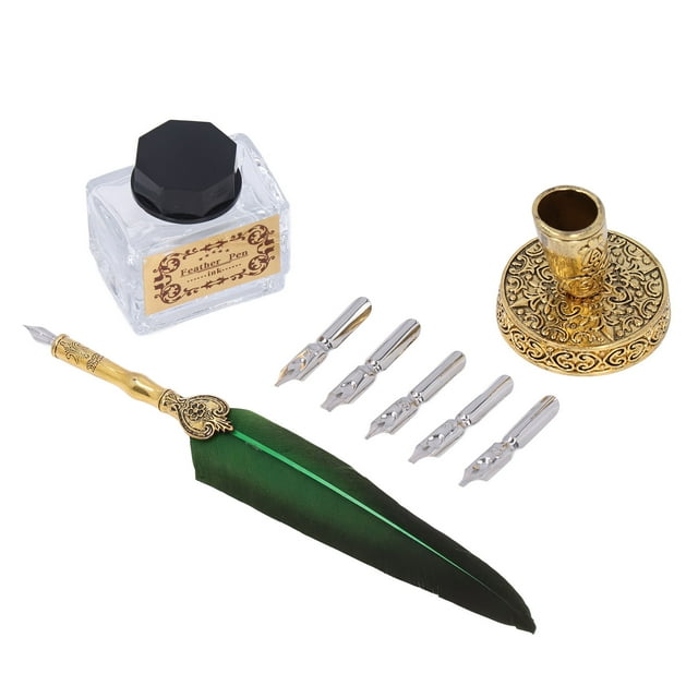Feather Pen, Vintage Quill Ink Set Feather Pen with Box Packing Stainless Steel Nib Smooth Writing Wear Resistant Calligraphy Set for Lovers Elders Teachers Present