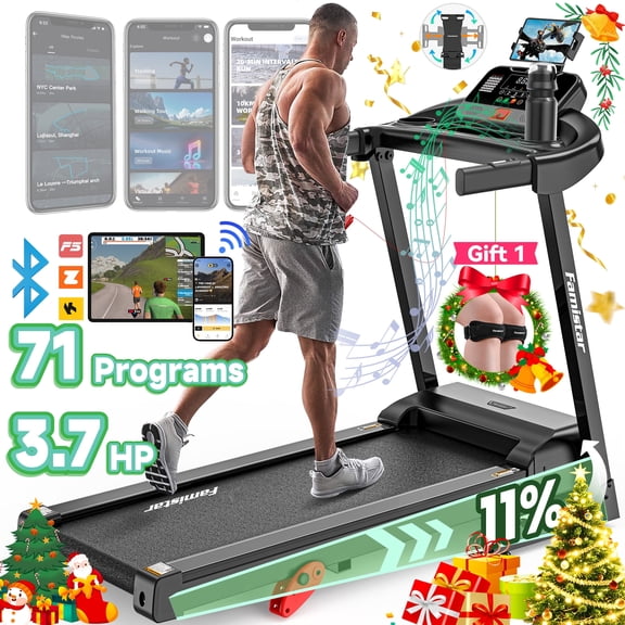 Famistar 3.7HP Folding Treadmill for Home w/ APP Control, 300lbs Capacity, Adjustable Incline, 64 7 Programs, Bluetooth Speakers, Electric Treadmill Running Machine, Knee Strap Gift