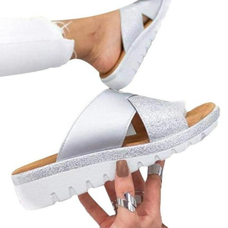 

SHRZRA Women Open Toe Slip On Sandals Slippers Ladies Low Heels Cross Sliders Shoes Summer White 39