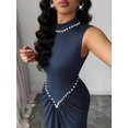 thumbnail image 3 of Navy Blue Semi-High Neck Sleeveless Knitted Pleated Maxi Dress With Pearl Embellishment, Elegant Evening Gown, 3 of 8