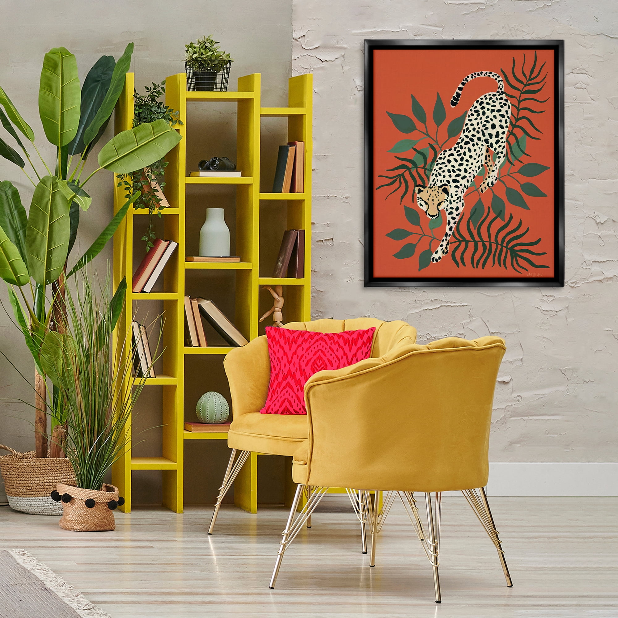 Stupell Industries Stepping Cheetah & Leaves Animals & Insects Painting Black Floater Framed Canvas Art Print Wall Art, 25 x 31