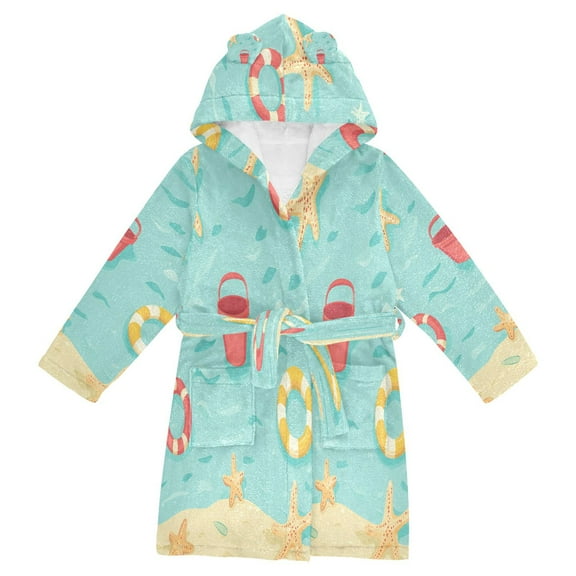 FORMRS Kids Bathrobe Unisex Hooded Robe Toddler Pajamas Sleepwear, Size 2-3T, Blue Beach Pattern
