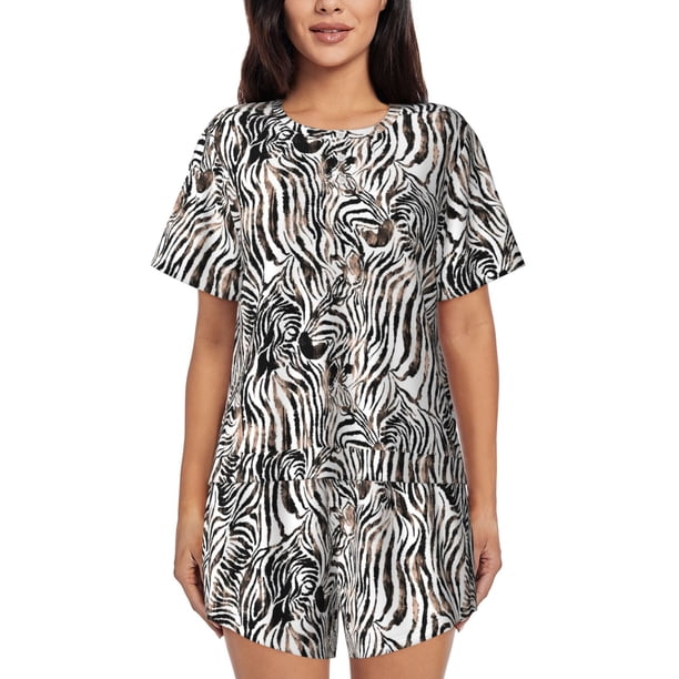 Fotbe Leopard And Zebra Conjunto de Pijama Estampado para Mujer, 2 Piezas, Ropa de Dormir con Camiseta de Manga Corta y Shorts Suaves-Small