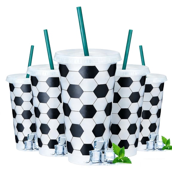 HCBY Football Themed Plastic Straw Cup, 710ml Large Capacity Soccer Drinking Cup, Leakproof Lid Tumbler with Straw, 5 Pack Party Drinkware for Sports Events