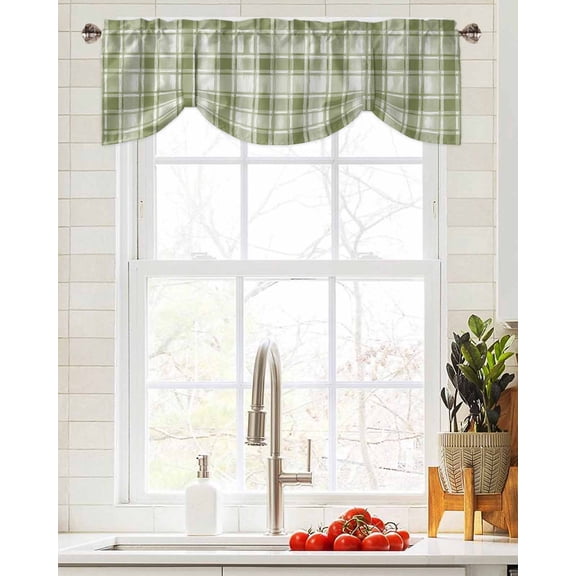 Tie Up Valance Curtain for Kitchen,Abstract Geometric Buffalo Plaid Rod Pocket Short Curtains Adjustable Tie-Up Shade Valances,Sage Green Gradient Lattice Window Treatment for Bathroom Living Room
