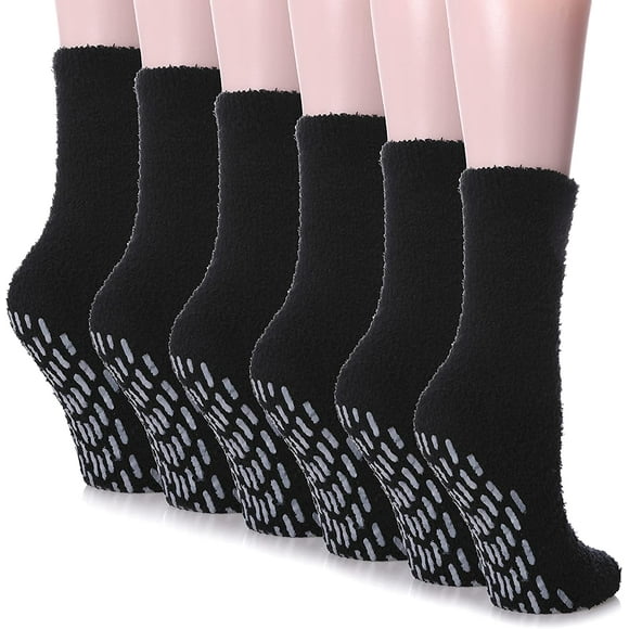 6 Pairs Fuzzy Slipper Socks for Womens with Grips Non Slip Soft Microfiber Fluffy Cozy Warm Winter Socks
