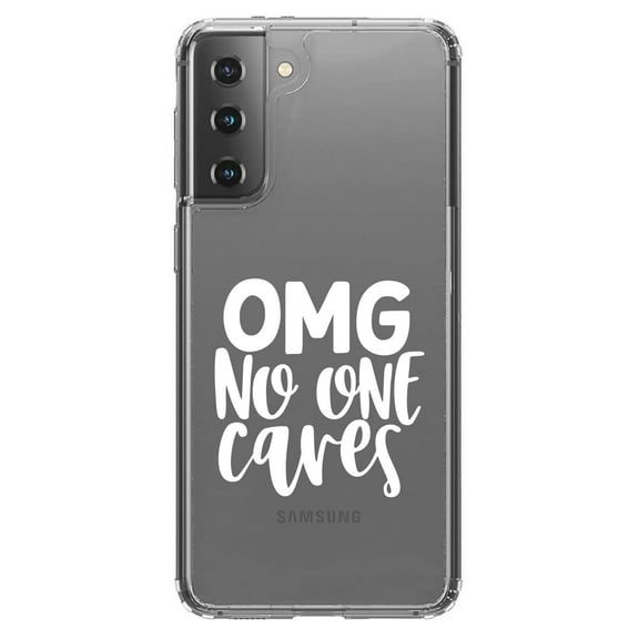 DistinctInk Clear Shockproof Hybrid Case for Galaxy S21 5G (6.2" Screen) - TPU Bumper Acrylic Back Tempered Glass Screen Protector - OMG No One Cares - White
