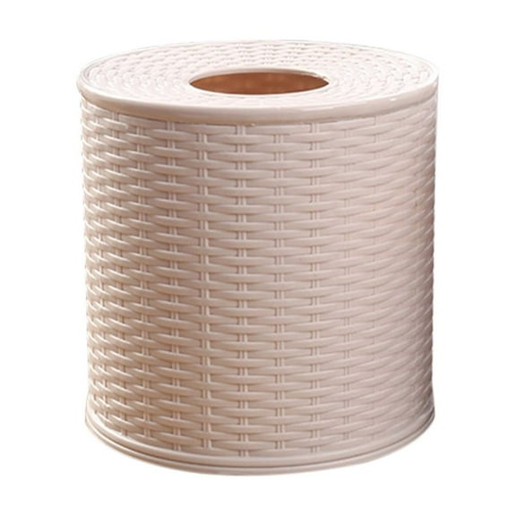 Rattan Tissue Box Toilet Paper Cover Wicker Decorative Holders with Lid for Storage Single Roll and Tissues Protector in Bathroom, Round Toilet Holder Basket White