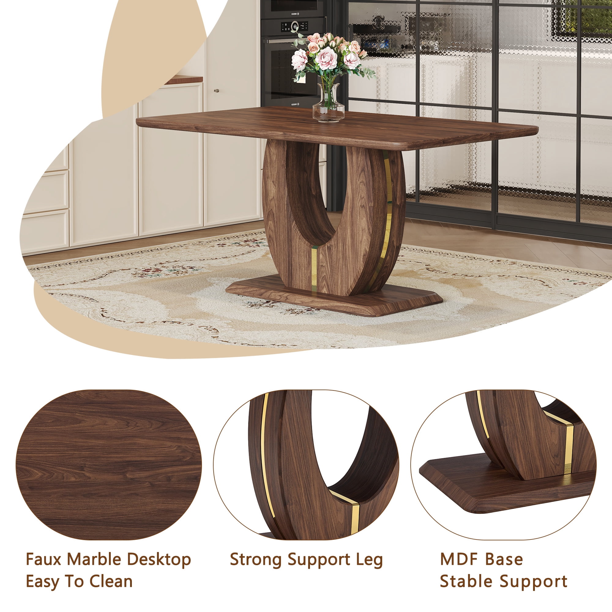 JUFU 63'' Dining Table Rectangular Walnut Tabletop, Easy Assembly, Ideal for Dining Room Kitchen