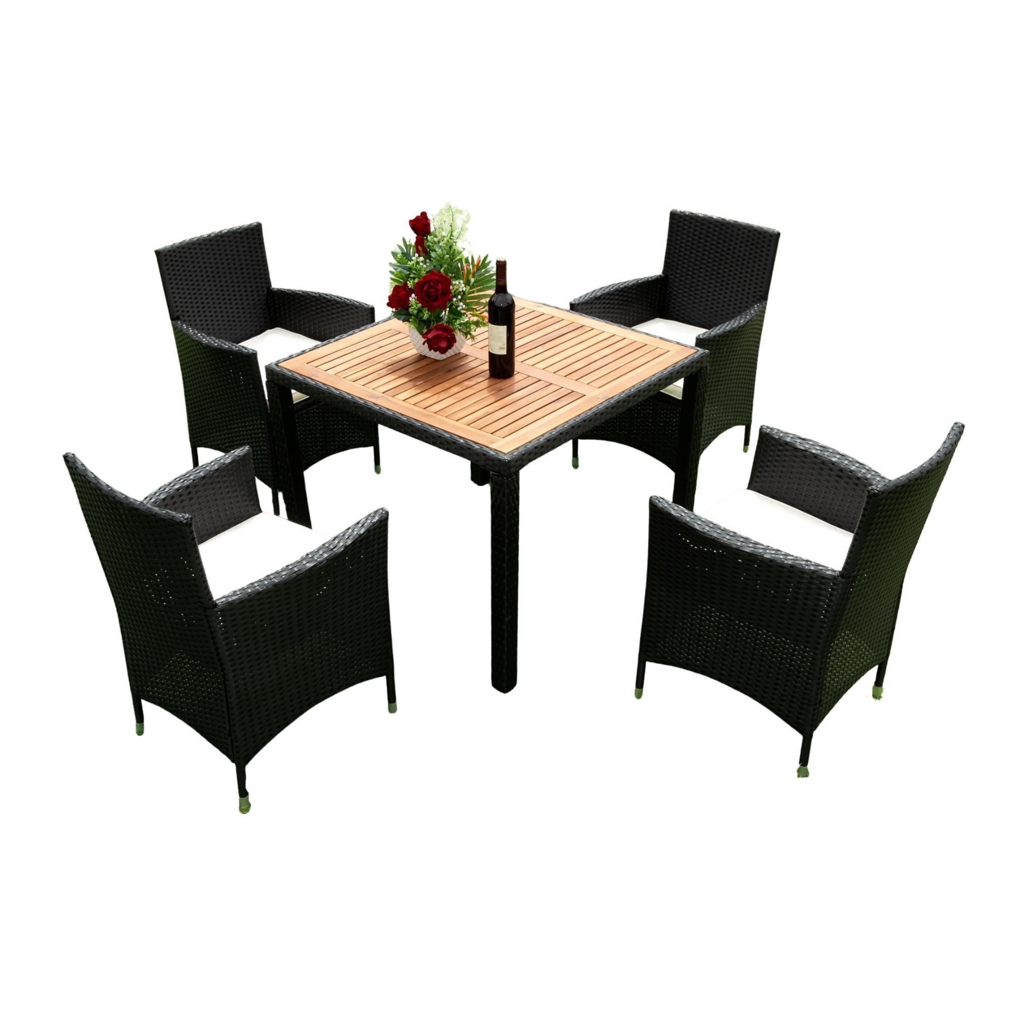 Seizeen Outdoor Dining Table Set 5 Pieces, Patio Rattan Dining Table & Chair w/ Wooden Top & Padded Cushions, Deck Furniture Conversation Set for Garden Porch Backyard