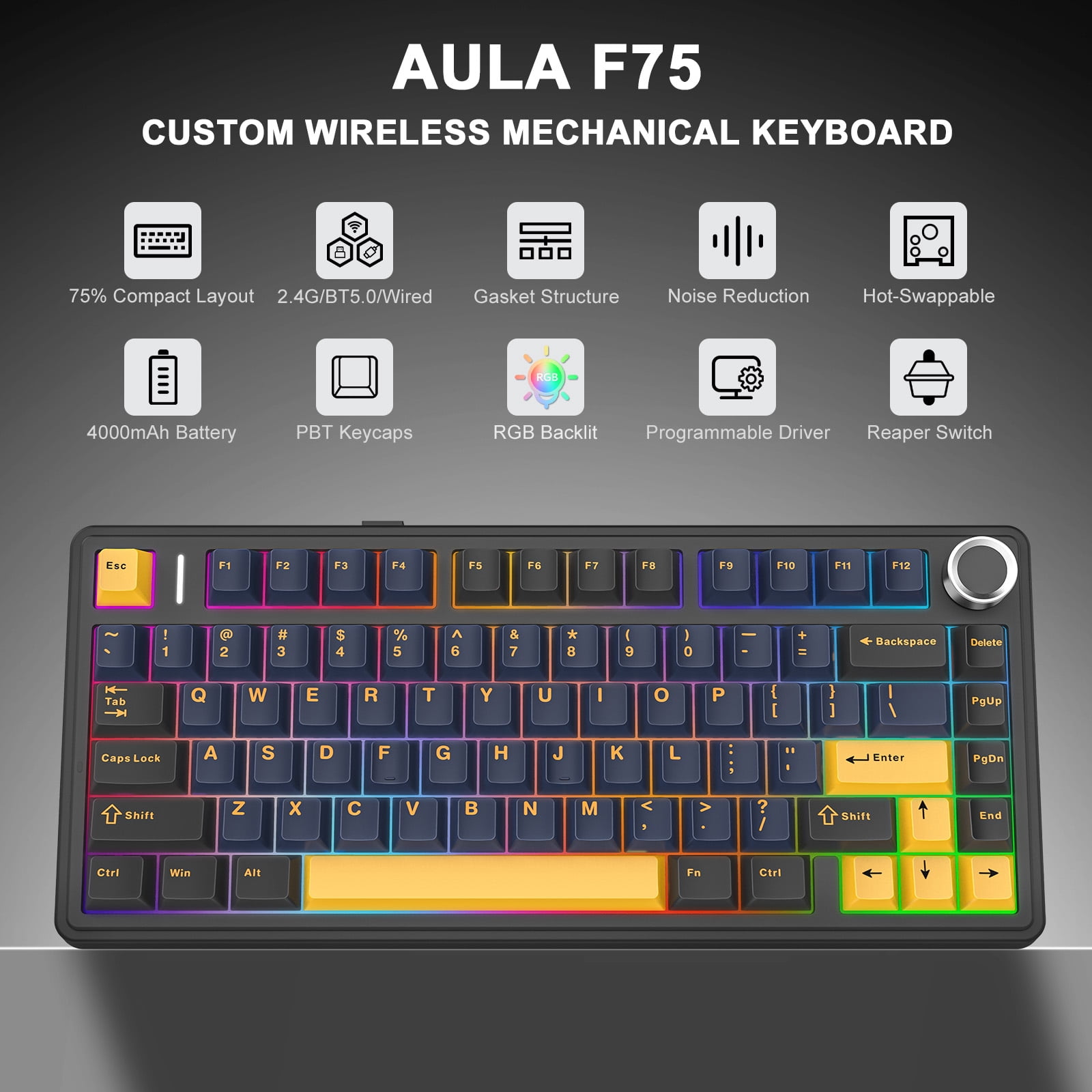 AULA F75 75% Wireless Mechanical Gaming Keyboard, Hot Swappable, RGB Backlit, BT5.0/2.4GHz/Type-C, Pre-lubed Reaper Switches