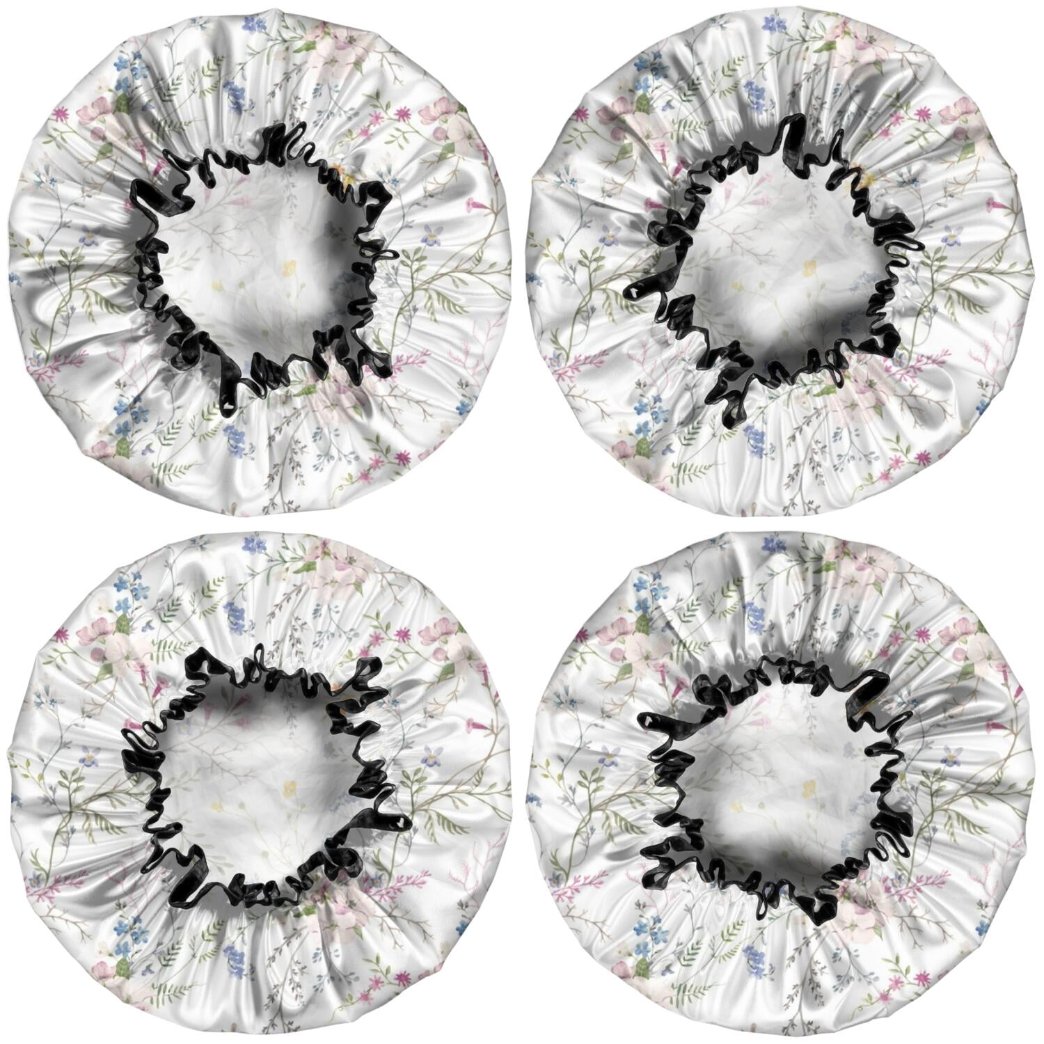Shower Caps,Pioneer Flower Floral Print Pattern Waterproof Shower Cap for Women 4 Pieces,Double Reusable Hair Cover for Shower PEVA Elastic Stretch Hem