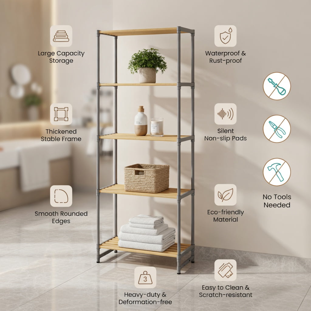 Hommoo 3-Tier Over-the-Toilet Storage Rack, Rustic Pine Wood Bathroom Organizer with Open Shelves, Gray