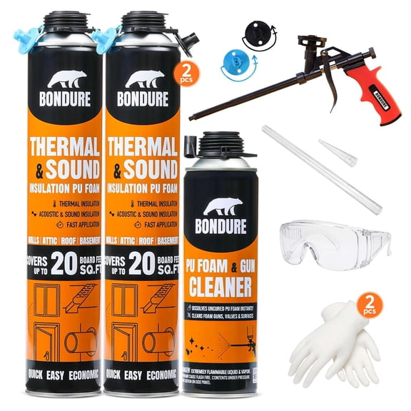 BONDURE Spray Foam Insulation Kit, 40 Sq.Ft. (2x27.1 oz.) Closed Cell Spray Foam for Attic & Walls, Fire Rated, Reduces Energy Bills, Spray Foam Gun Cleaner & Other Accessories Included