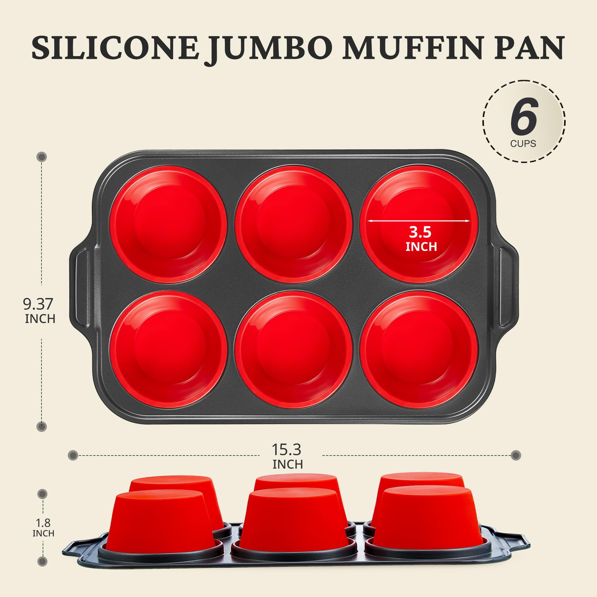 HONGBAKE Jumbo Silicone Muffin Pan with Metal Frame, 3.5" Large Muffin Tins, Non-Toxic Food Grade Silicone, Non-Stick for Egg Bites & Big Cupcakes, Oven Safe, Red