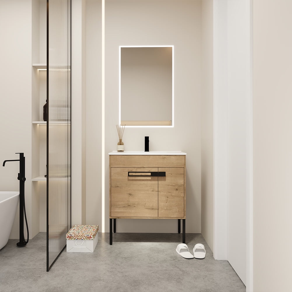 30" Bathroom Vanity with Sink Combo Bathroom Vanity Ceramic Single Basin Set with Doors Adjustable Shelves for Bathroom, Oak 30"