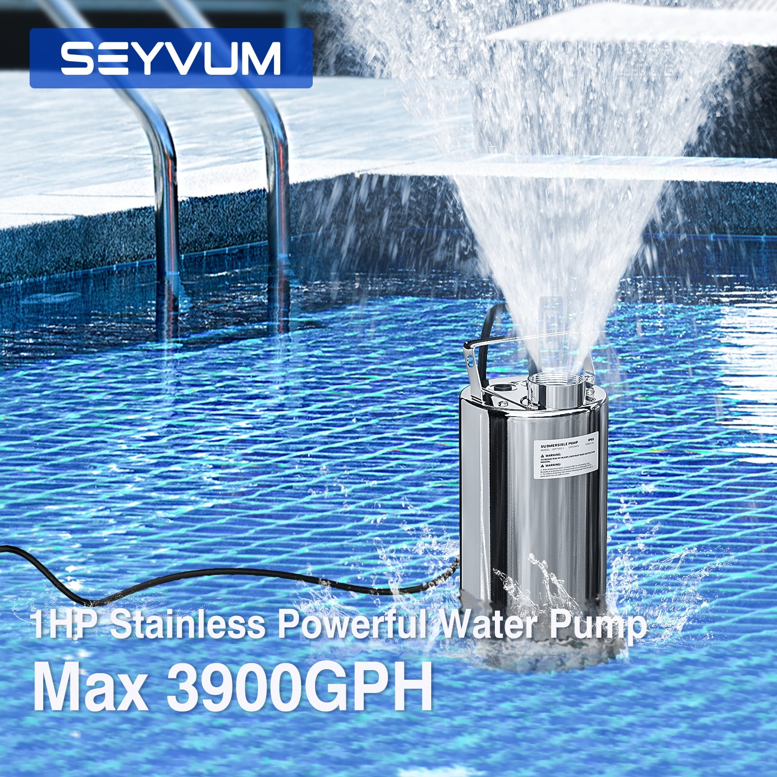 SEYVUM 3900GPH 1HP Submersible Water Pump, Stainless Steel Sump Pump with 16.5FT Cord, Utility Pump Portable Transfer for Pool Draining Garden Spa Hot Tub Pond Flood Basement Yard