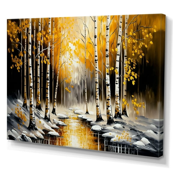 Designart Monochrome Golden Birch Trees By The River I Canvas Wall Art