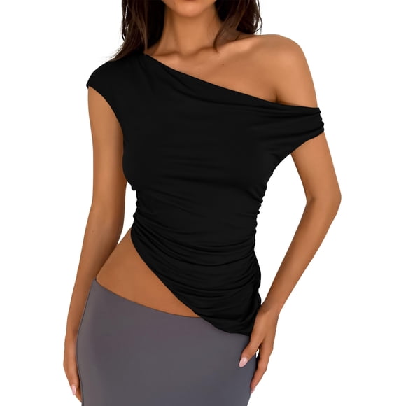 Remera PRETTYGARDEN Verano 2025 Negra Grande Asimétrica