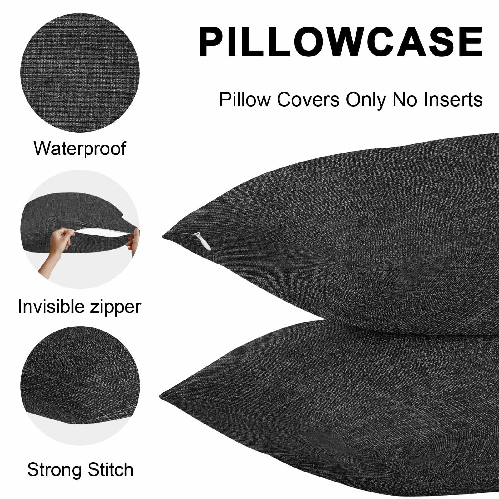 Black Throw Pillow Covers 26x26 Inch Set of 2, Farmhouse Burlap Solid Black Color Modern Linen Texture Waterproof Outdoor Pillow Covers, Decorative Cushion Pillowcases for Couch, Sofa, Bed, Patio